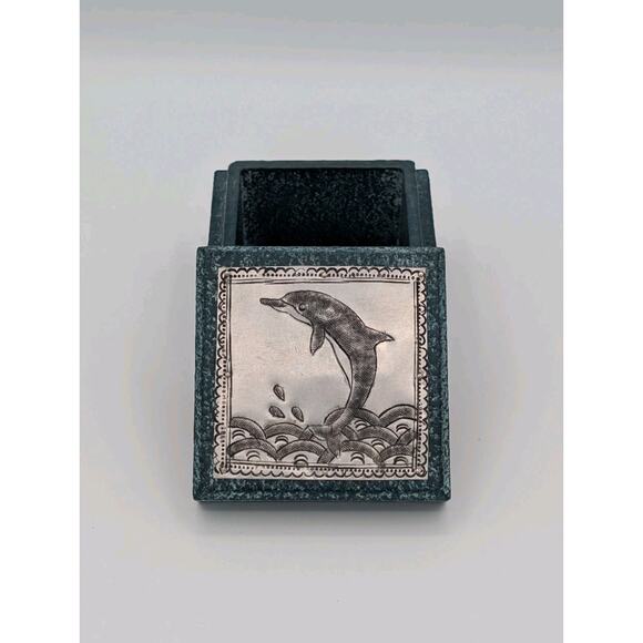 Jumping Dolphin Trinket Box Raised Etched Metal Medallion Textured Exterior 3x2 - Picture 2 of 5
